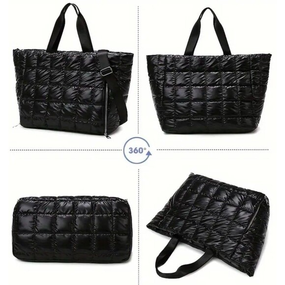 Silver Quilted Puffer Tote Bag Large Capacity Shoulder Travel Carryall - Picture 6 of 6